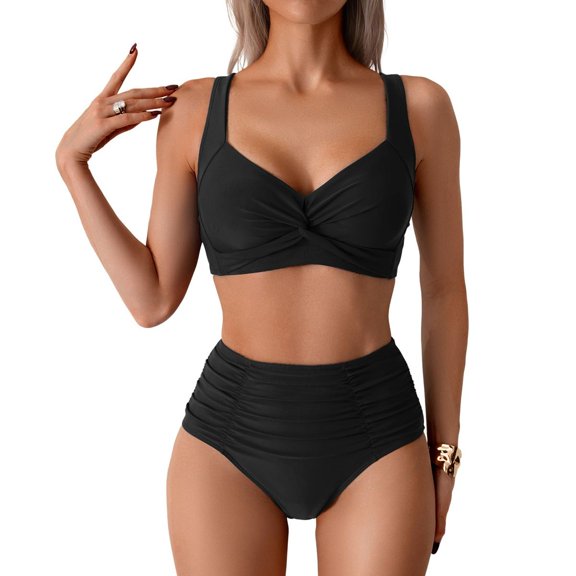 SWSMCLT Women's Summer Bikini Set Spaghetti Strap Sleeveless Winter Fall Swimsuit Adjustable Deep V Neck Bathing Suit Black X-Large