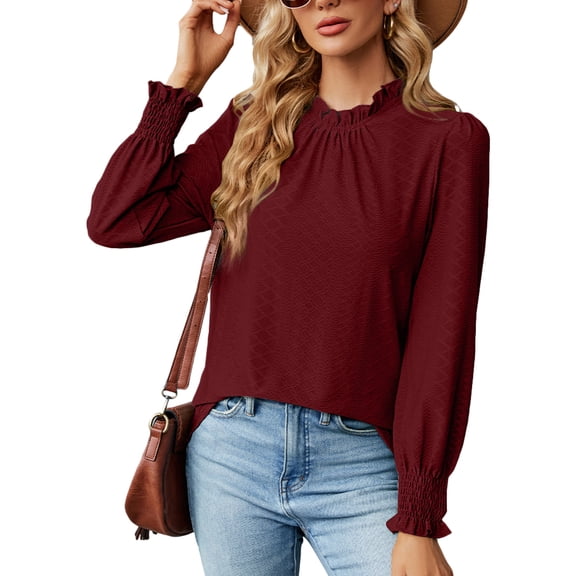 SWSMCLT Women's Summer Button Bishop Sleeve Elegant Soft Blouse Ruffle Shirt Loose Casual Thin Blouse Shirt Burgundy Small
