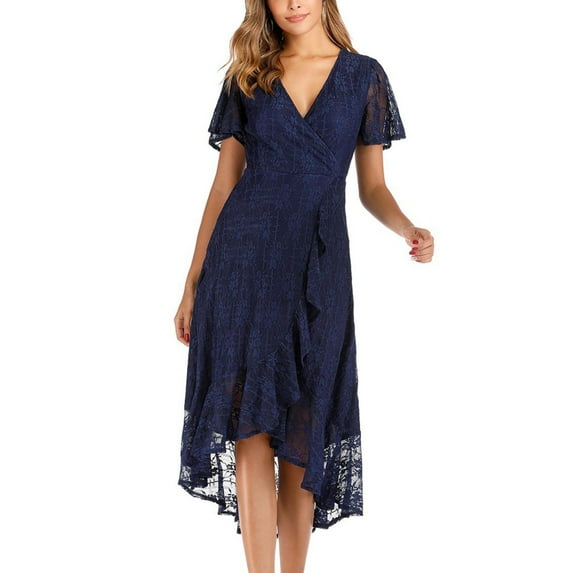 SWSMCLT Women's Summer Club Dresses Sexy Dress V Neck Sundress Short Sleeve High Waist Ruffle Fall Fitted Navy Large
