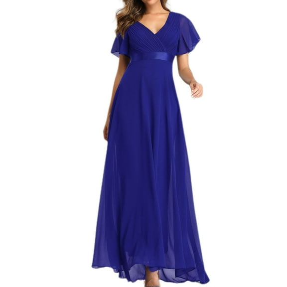 SWSMCLT Women's Summer Dress Short Sleeve Dresses Maxi Spring Homecoming Ruched Wrap Party Fall Swing Dress Blue X-Large