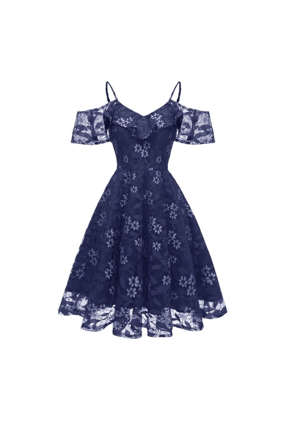 Women's Summer Dresses Cocktail Sundress Cute A Line Dress Midi Spring Casual Deep V Neck Fitted Lace Navy Large