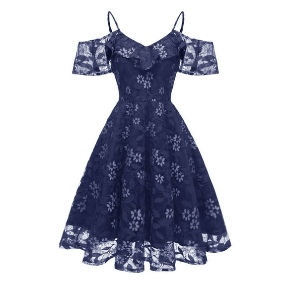SWSMCLT Women's Summer Dresses Cocktail Sundress Cute A Line Dress Midi Spring Casual Deep V Neck Fitted Lace Navy XX-Large