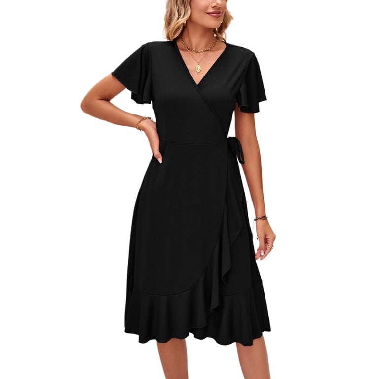 black wrap dress short sleeve MGW24-120A-BLACK SCALLOPED DRESS  whoopikids