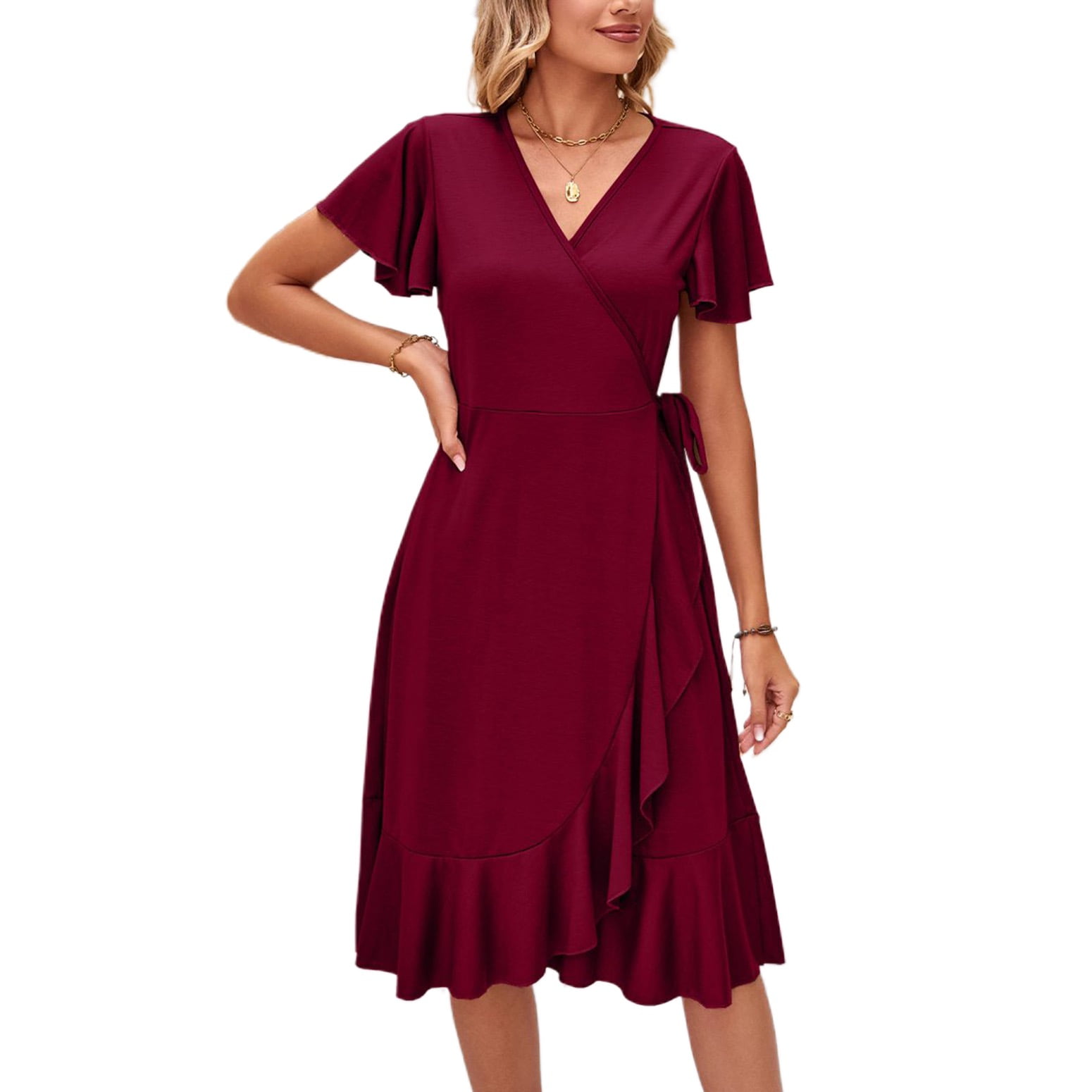 Amoretu Women's V-Neck Mini Dress - Balloon Sleeve Sundress In Burgundy, Vacation & Casual Wear
