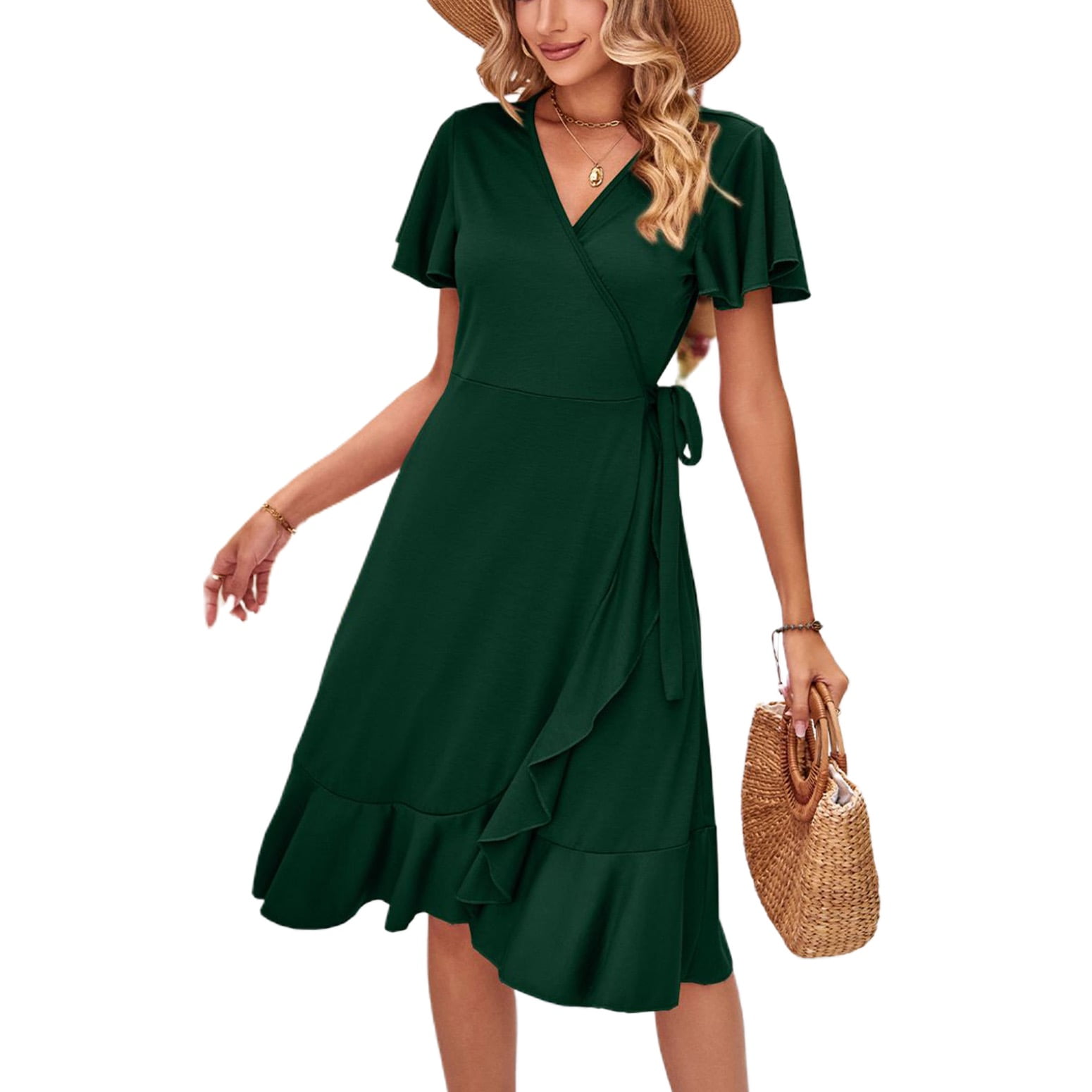 SWSMCLT Women's Summer Dresses Short Sleeve Wrap V Neck Casual Belted Midi  Dress Deep V Neck Spring Sundress Dark Green Small - Walmart.com