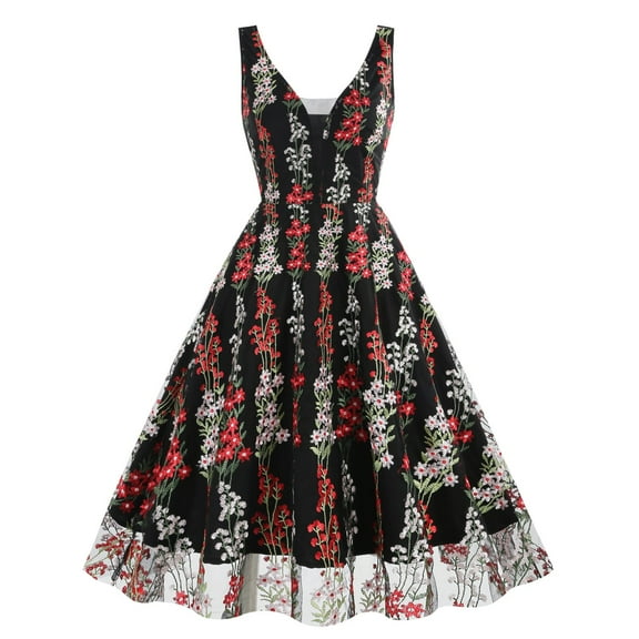 SWSMCLT Women's Summer Dresses V Neck Vintage A Line Tulle Floral Party Sleeveless Cocktail Evening Gown Sundress Black X-Large