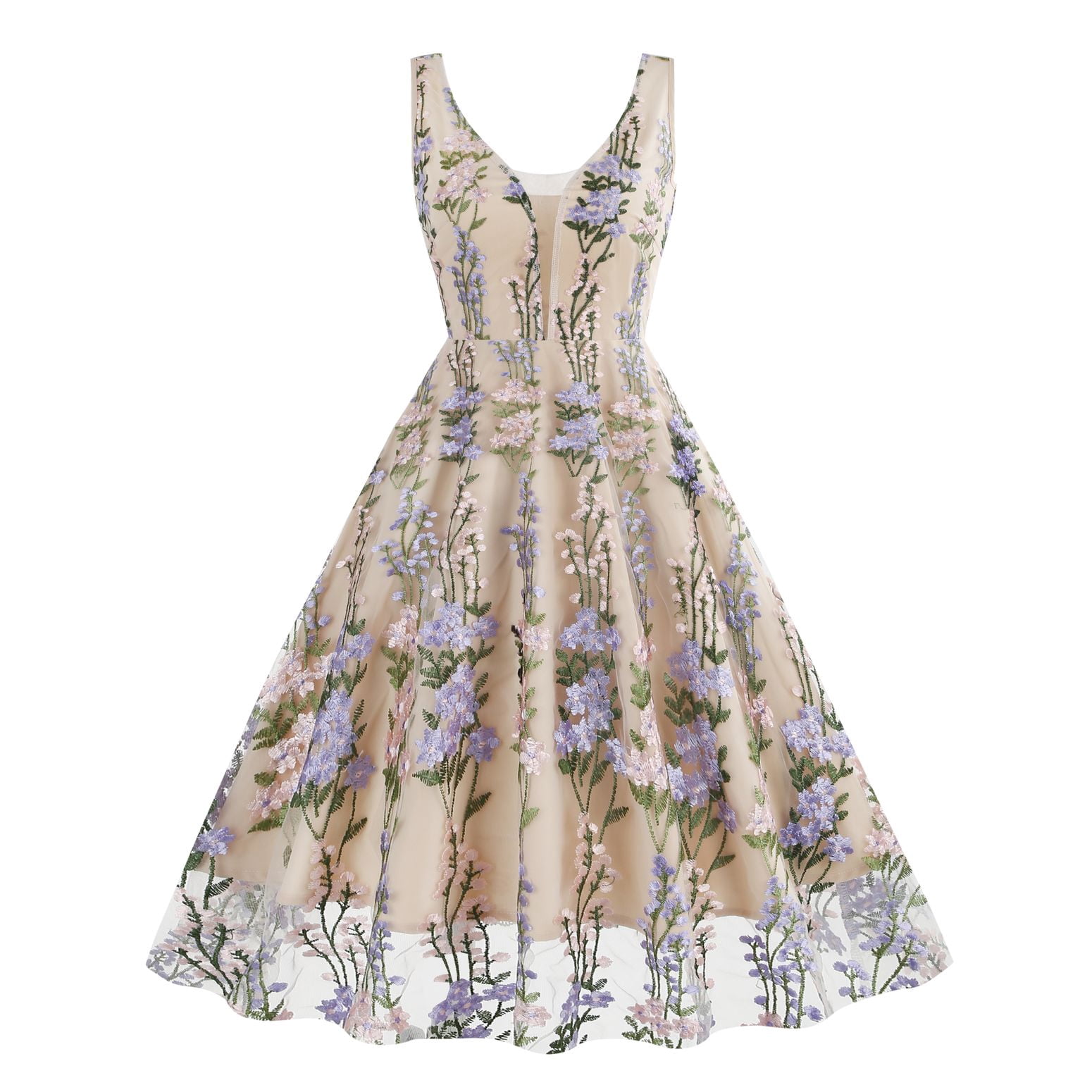 SWSMCLT Women's Summer Dresses V Neck Vintage A Line Tulle Floral Party ...
