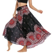 SWSMCLT Womens Summer Flowy Dress Hippie Indian Gypsy High Waist Long Skirts Boho Skirt Bohemian Maxi Floral Printed Tie Front Dresses Elastic Waist Black One Size