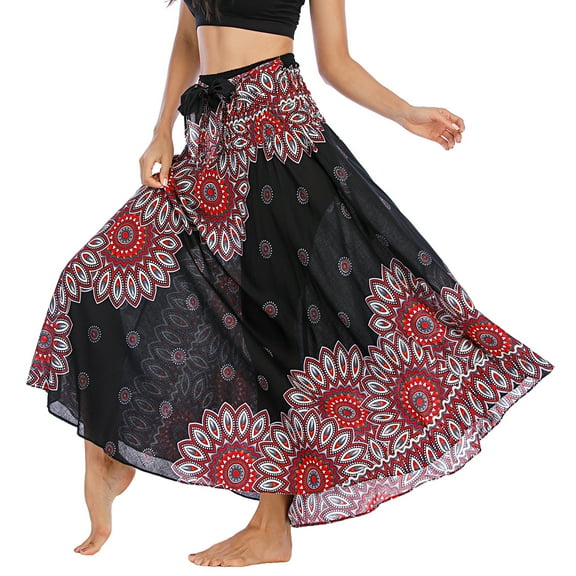SWSMCLT Women's Summer Flowy Dress Hippie Indian Gypsy High Waist Long Skirts Boho Skirt Bohemian Maxi Floral Printed Tie Front Dresses Elastic Waist Black One Size