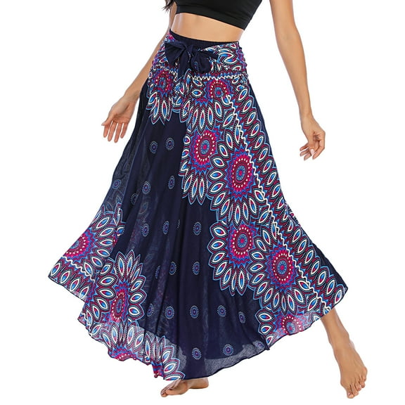 SWSMCLT Women's Summer Flowy Dress Hippie Indian Gypsy High Waist Long Skirts Boho Skirt Bohemian Maxi Floral Printed Tie Front Dresses Elastic Waist Navy One Size