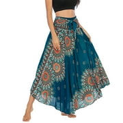 SWSMCLT Women's Summer Flowy Dress Hippie Indian Gypsy High Waist Long Skirts Boho Skirt Bohemian Maxi Floral Printed Tie Front Dresses Elastic Waist Green One Size