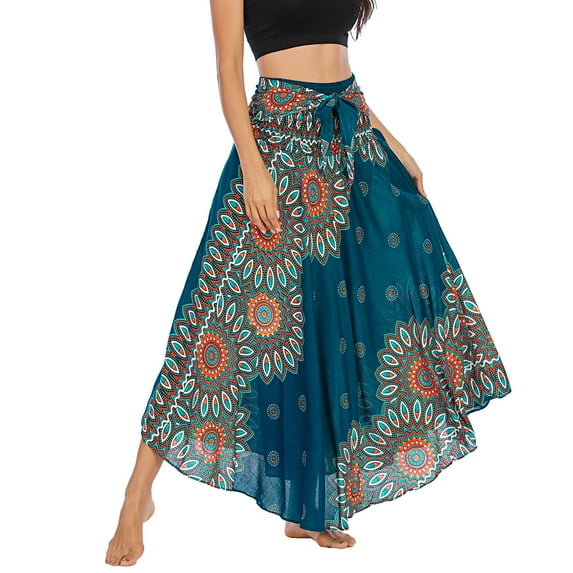 SWSMCLT Women's Summer Flowy Dress Hippie Indian Gypsy High Waist Long Skirts Boho Skirt Bohemian Maxi Floral Printed Tie Front Dresses Elastic Waist Green One Size