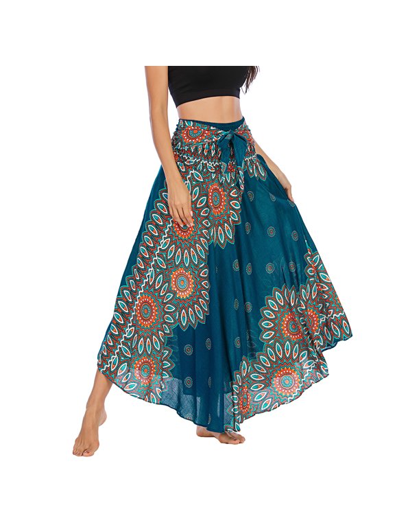 Women's Summer Flowy Dress Hippie Indian Gypsy High Waist Long Skirts Boho Skirt Bohemian Maxi Floral Printed Tie Front Dresses Elastic Waist Green One Size