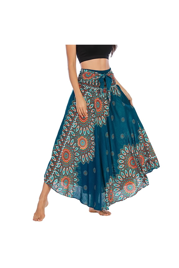 Women's Summer Flowy Dress Hippie Indian Gypsy High Waist Long Skirts Boho Skirt Bohemian Maxi Floral Printed Tie Front Dresses Elastic Waist Green One Size