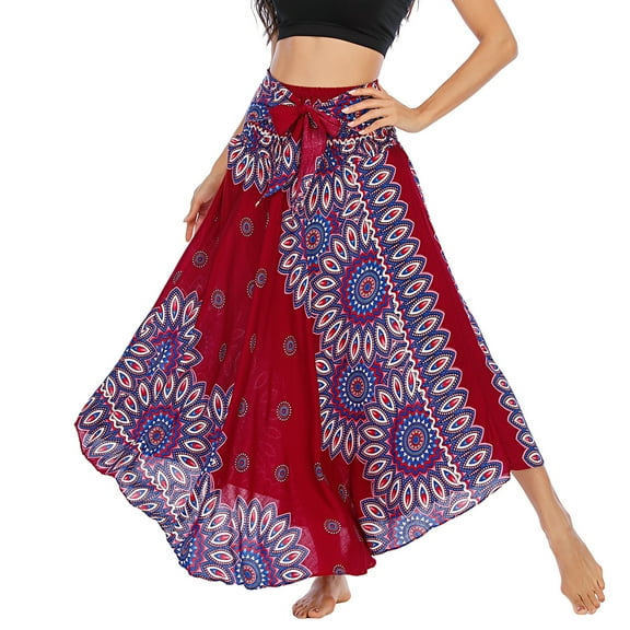 SWSMCLT Women's Summer Flowy Dress Hippie Indian Gypsy High Waist Long Skirts Boho Skirt Bohemian Maxi Floral Printed Tie Front Dresses Elastic Waist Red One Size