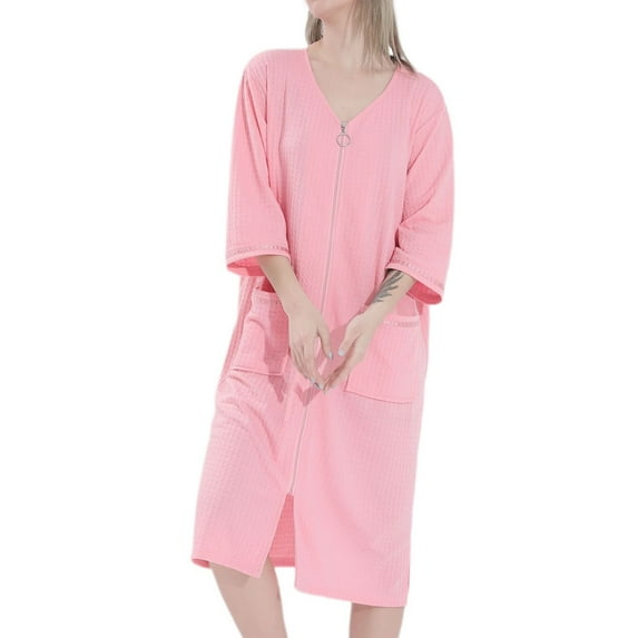 SWSMCLT Women's Summer House Coat Soft Waffle Housecoat Thin V Neck 3/4 Sleeve Night Gown Knit Robe Zip Up Knee Length Nightgown Pink Medium