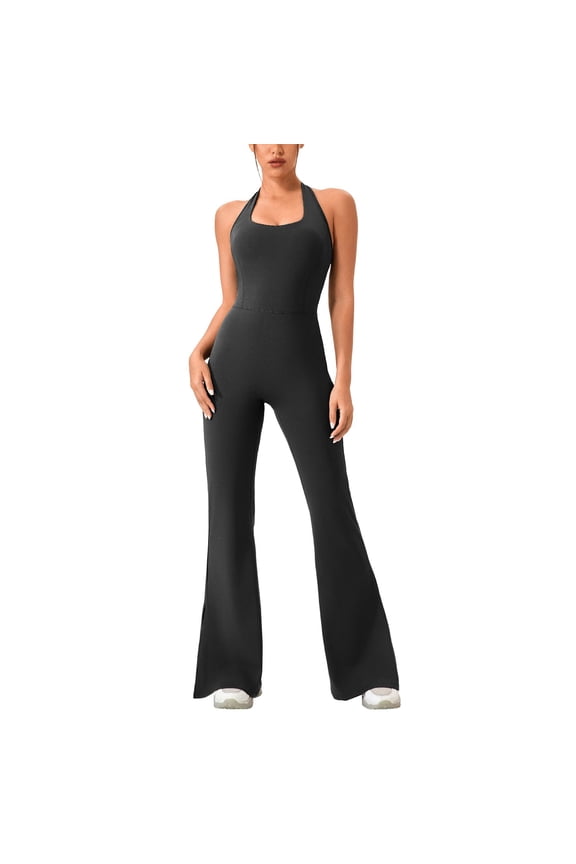 Women's Summer Jumpsuit Sleeveless Jumpsuits Fall Bell Bottom Athletic Yoga Halter Jumpers And Rompers Black Small