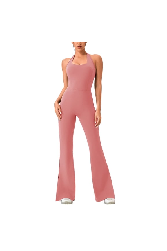 Women's Summer Jumpsuit Sleeveless Jumpsuits Fall Bell Bottom Athletic Yoga Halter Jumpers And Rompers Pink Medium