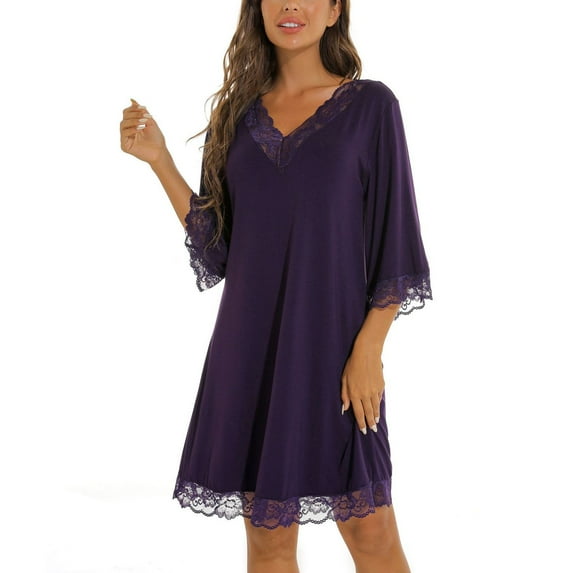 SWSMCLT Women's Summer Nightgown Vintage Pjs House Spring Loungewear Lace Soft Lightweight V Neck 3/4 Sleeve Purple Large
