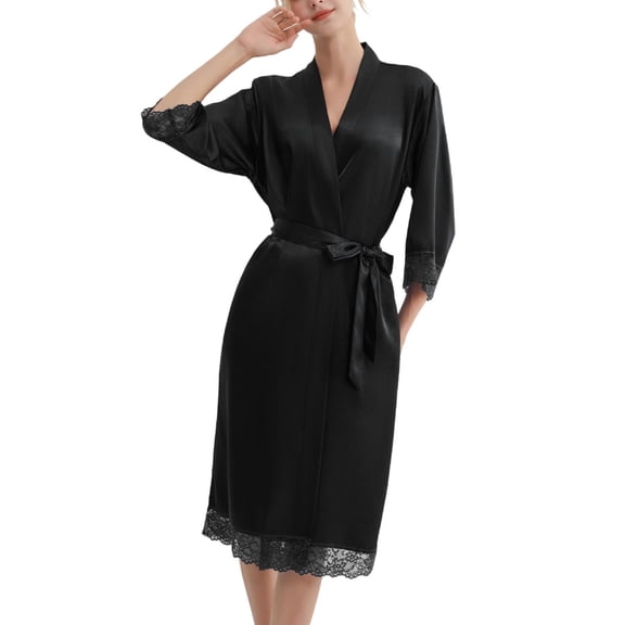 SWSMCLT Women's Summer Robe Bride Pjs Lightweight Lace Silky Comfy Soft 3/4 Sleeve Thin House Spring Bathrobe Black Medium