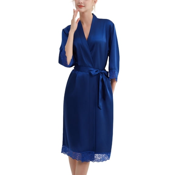 SWSMCLT Women's Summer Robe Bride Pjs Lightweight Lace Silky Comfy Soft 3/4 Sleeve Thin House Spring Bathrobe Blue Large