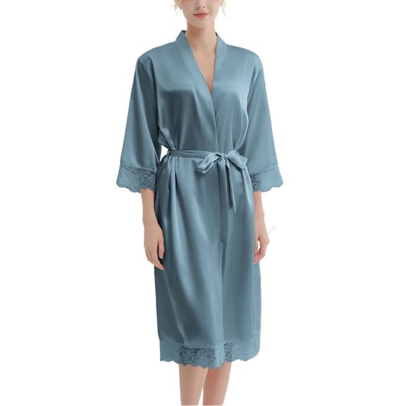 SWSMCLT Women's Summer Robe Bride Pjs Lightweight Lace Silky Comfy Soft 3/4 Sleeve Thin House Spring Bathrobe Grey Medium