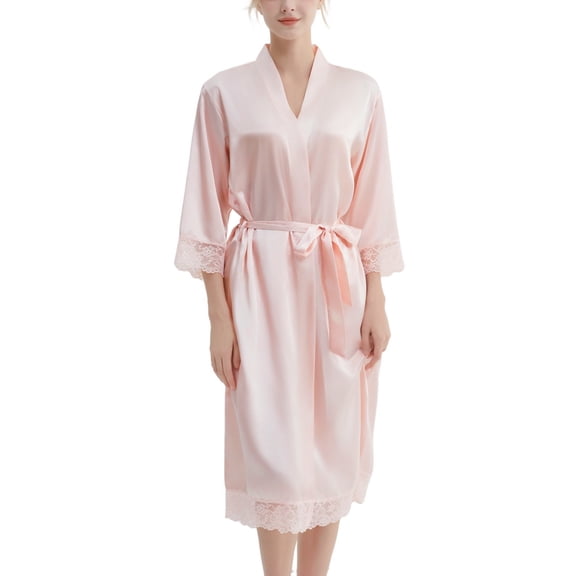SWSMCLT Women's Summer Robe Bride Pjs Lightweight Lace Silky Comfy Soft 3/4 Sleeve Thin House Spring Bathrobe Pink Medium