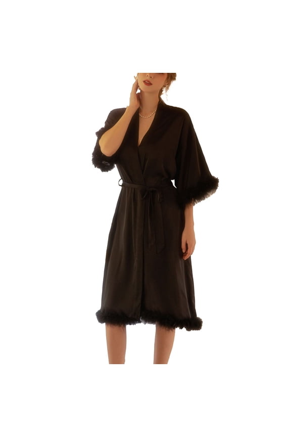 Women's Summer Robe Soft Pjs Satin Luxury Spring Cool Pajamas Bridesmaid Bride Feather Thin V Neck Black Medium