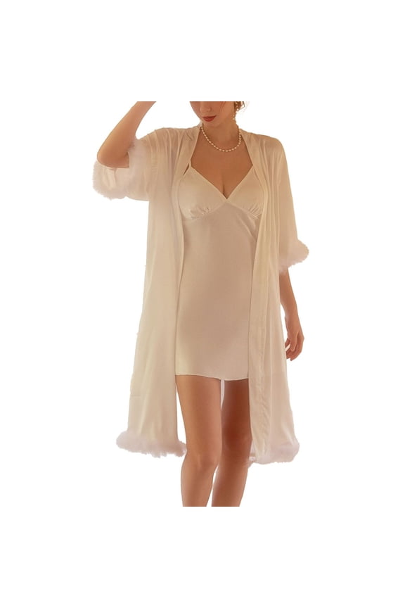 Women's Summer Robe Soft Pjs Satin Luxury Spring Cool Pajamas Bridesmaid Bride Feather Thin V Neck White Large