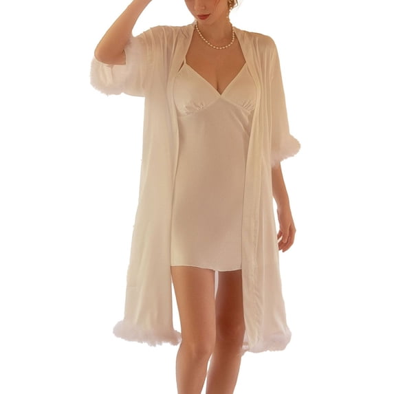 SWSMCLT Women's Summer Robe Soft Pjs Satin Luxury Spring Cool Pajamas Bridesmaid Bride Feather Thin V Neck White Medium