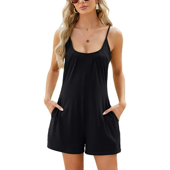 SWSMCLT Women's Summer Rompers Sleeveless Low Back Jumper Fall Casual Loose Fit Shorts Adjustable Spaghetti Strap Jumpsuits w/ Pockets Black Medium