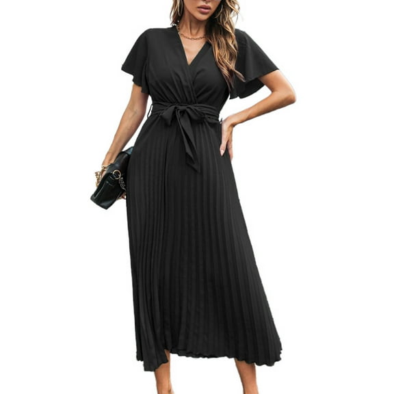 SWSMCLT Women's Summer Swing Elegant Long Dress V-Neck Wrap Sundress Fit & Flare Fashion Spring Short Sleeve Pleated Dresses Black X-Large