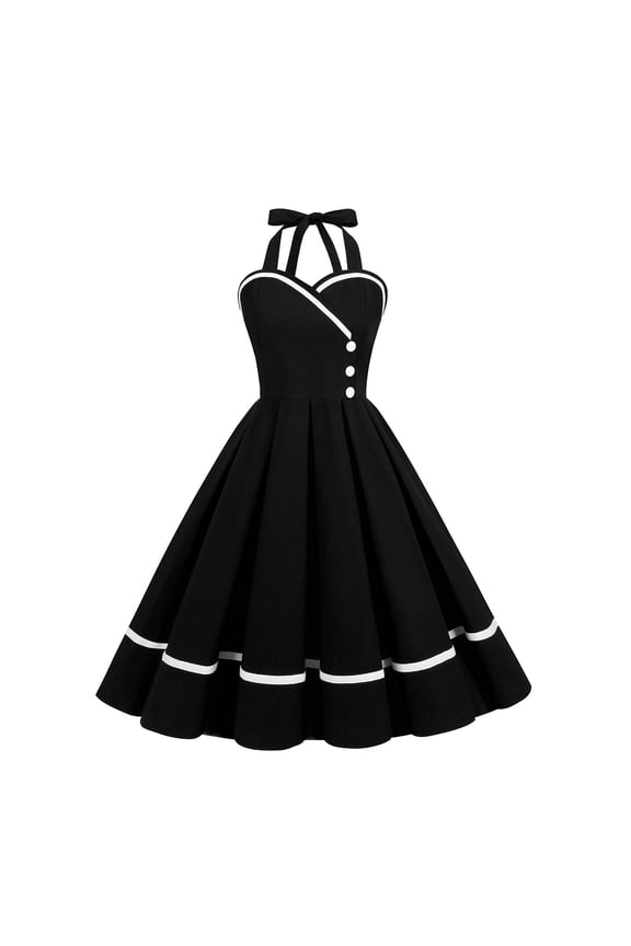 Women's Summer Vintage Dress 1950s 50s 60s Sundress Midi A Line Sleeveless Halter Cotton Cocktail Date Night Dresses Black X-Large