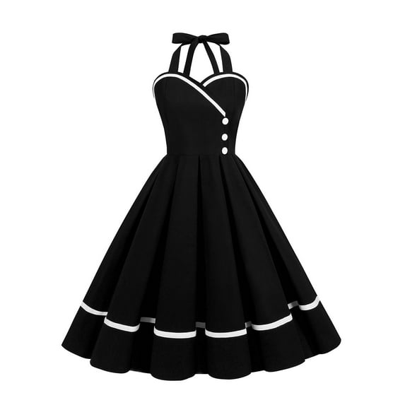 SWSMCLT Women's Summer Vintage Dress 1950s 50s 60s Sundress Midi A Line Sleeveless Halter Cotton Cocktail Date Night Dresses Black X-Large
