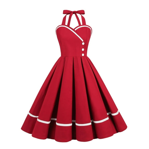 SWSMCLT Women's Summer Vintage Dress 1950s 50s 60s Sundress Midi A Line Sleeveless Halter Cotton Cocktail Date Night Dresses Burgundy Large