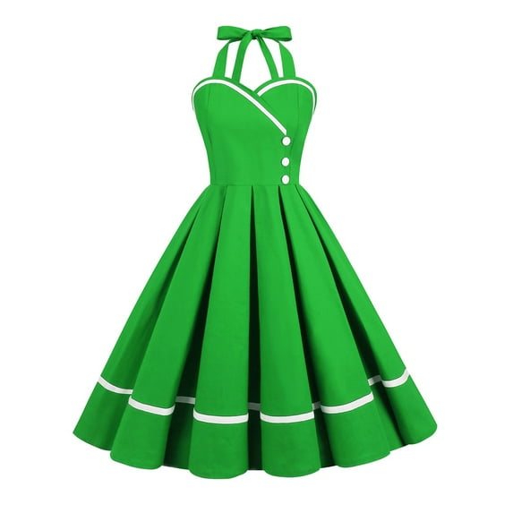 SWSMCLT Women's Summer Vintage Dress 1950s 50s 60s Sundress Midi A Line Sleeveless Halter Cotton Cocktail Date Night Dresses Green Large