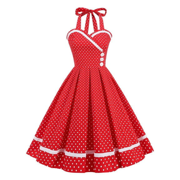 SWSMCLT Women's Summer Vintage Dress 1950s 50s 60s Sundress Midi A Line Sleeveless Halter Cotton Cocktail Date Night Dresses Red Large