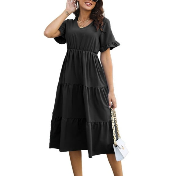 SWSMCLT Women's Sundress V Neck Fall Vintage Cute Summer Dress Short Sleeve Chiffon Casual Ruched Dresses Black Medium