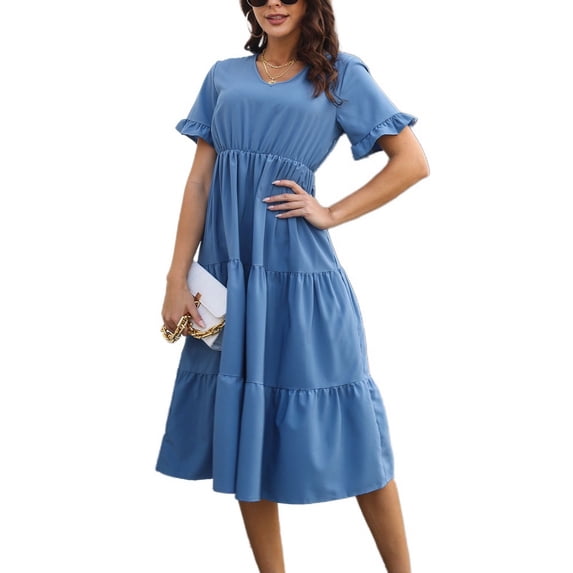 SWSMCLT Women's Sundress V Neck Fall Vintage Cute Summer Dress Short Sleeve Chiffon Casual Ruched Dresses Blue Medium