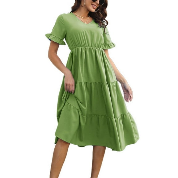 SWSMCLT Women's Sundress V Neck Fall Vintage Cute Summer Dress Short Sleeve Chiffon Casual Ruched Dresses Green Medium