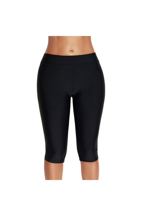 Women's Swim Capri Long Board Shorts Swimsuit Basic Tummy Control Swimming Legging Swimwear Summer Knee Length Soft Black X-Large