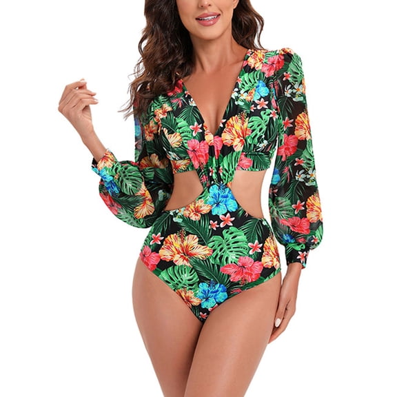 SWSMCLT Women's Swimwear Beach Cut Out One Piece Swimsuit Long Sleeve V Neck Sexy Floral/ Printed/ Solid Bathing Suit Leaf Small