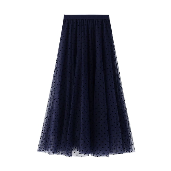 SWSMCLT Women's Swing Dress Fall Flowy High Waist Pleated Tulle Skirt Tutu Mesh Casual Spring Flare Dress Navy Small-Large