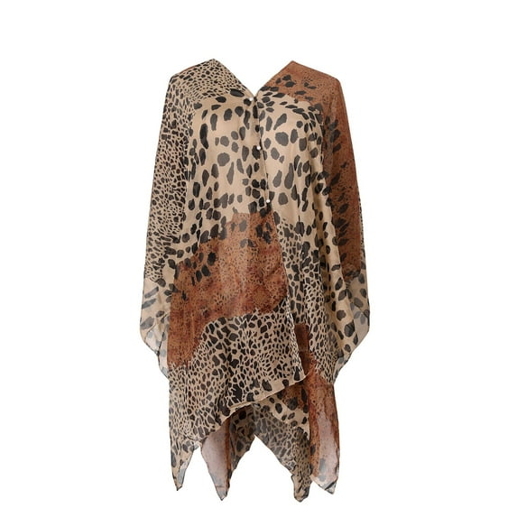 SWSMCLT Women's Swing Long Fashion Shirt Sheer Poncho Cheetah Soft Flowy Summer Top Blouse Boat Neck Button Summer Beach Coffee One Size