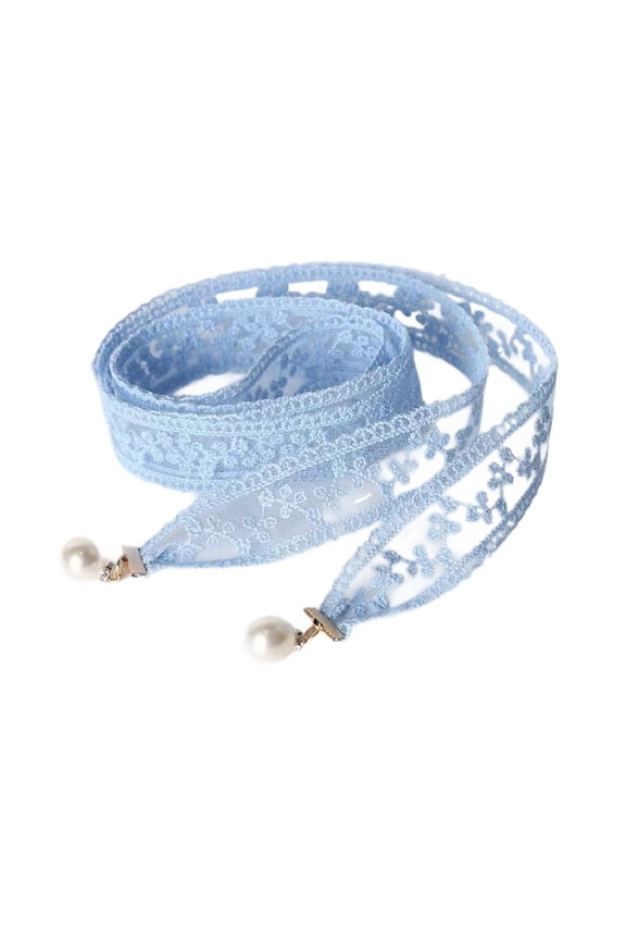 Women's Thin Tie Belt Holeless Lace Waist Belts with Pearl Fashion Slim Beaded Mesh Fall Casual Summer Medium Self Tie Knot Sky Blue One Size