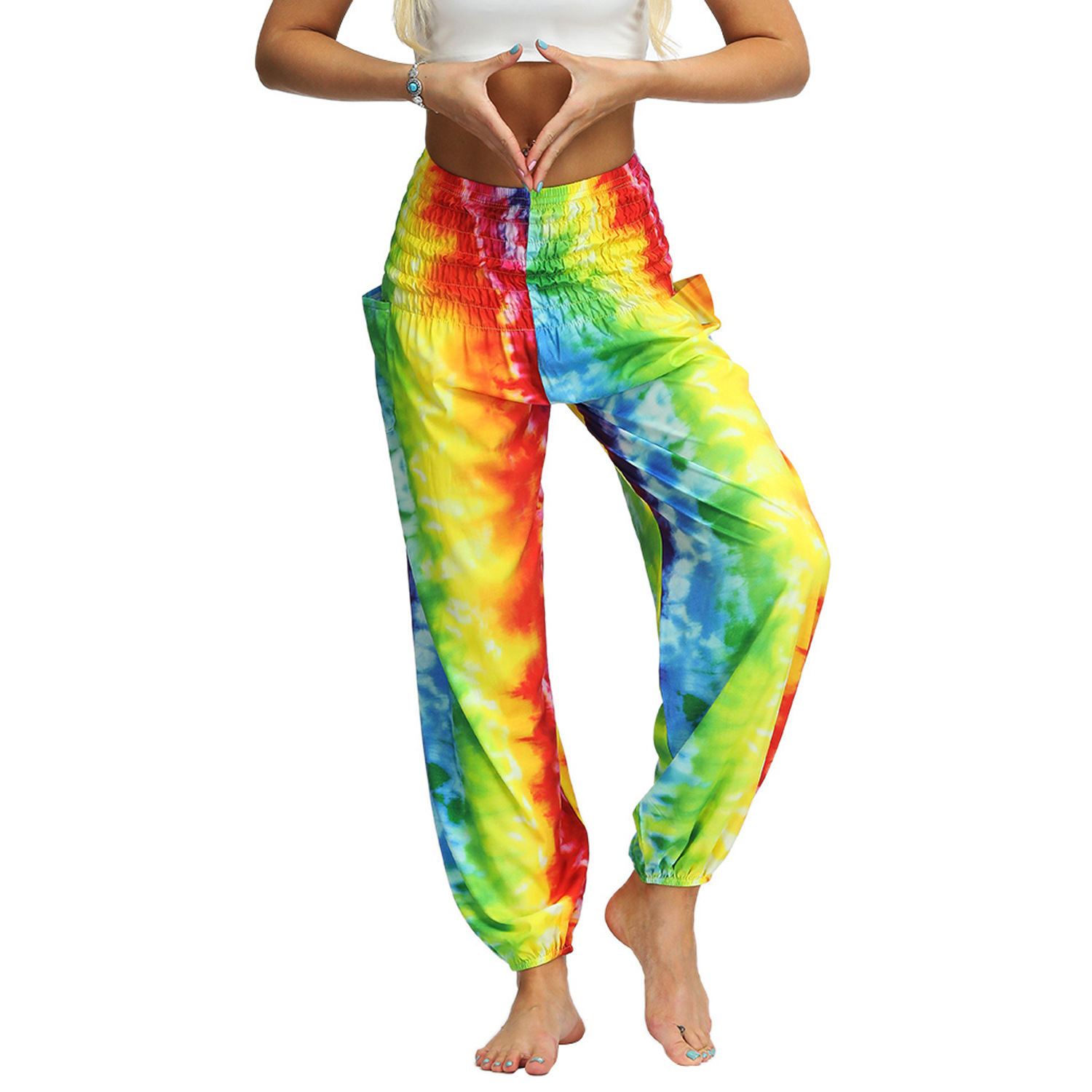 SWSMCLT Women's Tie Dye Harem Yoga Pants Thai Smocked Waist Long Loose