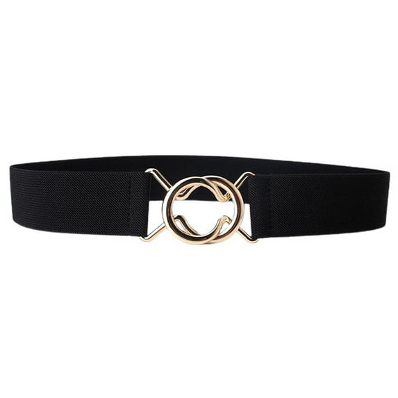 SWSMCLT Women's Tone Metal Buckle Medium Fitted Party Holeless Elastic Belt for Dress Fashion Casual Gold Flexible Stretch Belt Black One Size