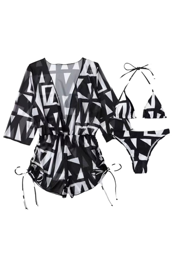 Women's Triangle Bikini Set 3 Piece Halter String Top Brazilian Swimsuit Bottoms Cheeky Short Sleeve Rompers & Jumpsuit Cover Up Bathing Suit Beach Ruched Black Large