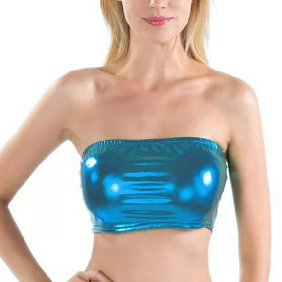 SWSMCLT Women's Tube Top Crop Top Soft Metallic Party Fall Spandex Sexy Halloween Fitted Strapless Top Blue Medium