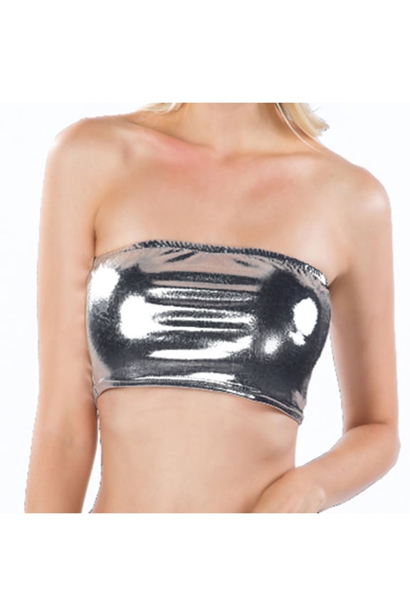 Women's Tube Top Crop Top Soft Metallic Party Fall Spandex Sexy Halloween Fitted Strapless Top Grey X-Large